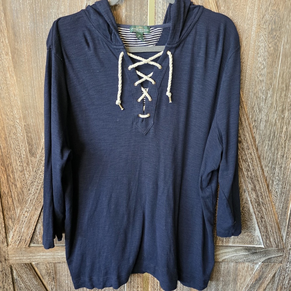 Lauren Jeans Co Ralph Lauren LRL Shirt Women's Size 2X Navy Blue Hooded Stretch